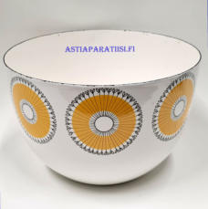 FINEL EMALI,"Auringonkukka",emali salaattikulho,Design:Kaj Franck,Tuotannossa 1950 luku,Kuntokuvaus k�yt�n j�lki�,Halkaisija n. 21cm,Korkeus n.14 cm, 1 kpl,179� /kpl ( Tuote nro / Item #301N )