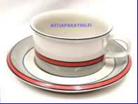 ARABIA, Aslak-teekuppi ja lautanen,Design:Inkeri Leivo (koriste), Ulla Procope (model),Suunniteltu vuonna 1964 (malli), 1990 (koriste),Kupin korkeus n. 5,5 cm, halkaisija n. 9,8 cm,2 kpl,78�/kpl, ( Tuote nro 420Q )